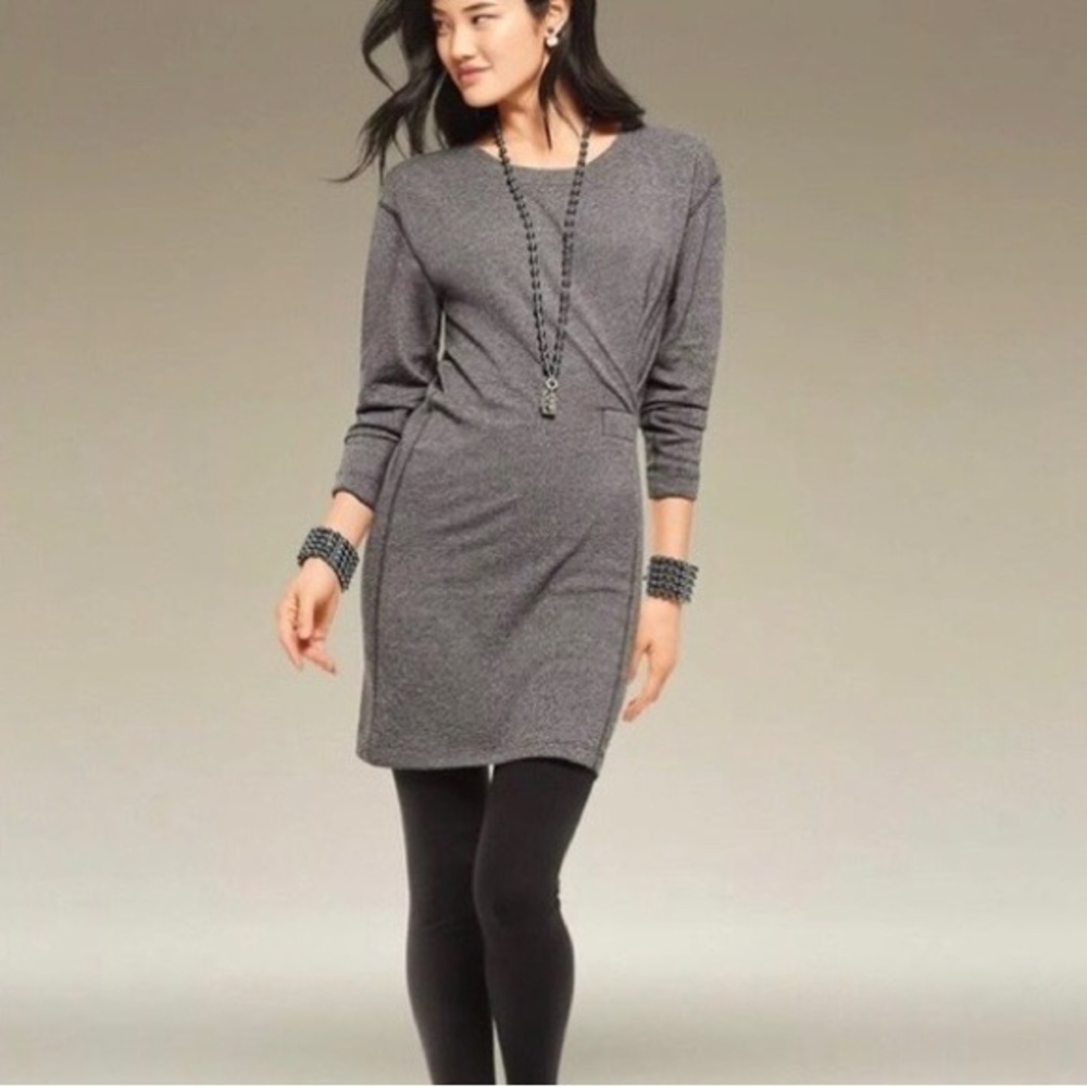 Cabi Gray Knit Long-Sleeve Side Runch Shift Dress